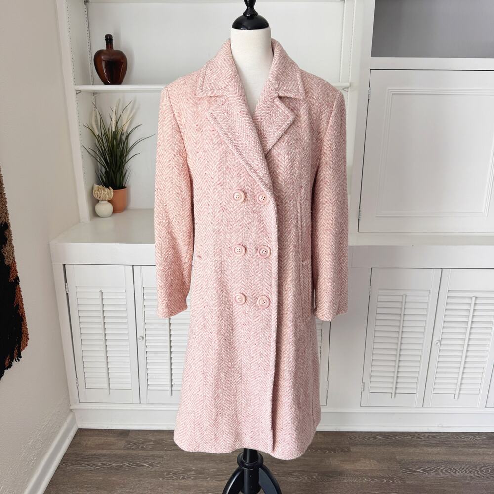 Vintage Gallery Pink Wool Herringbone Tweed Longline Coat Size S/M